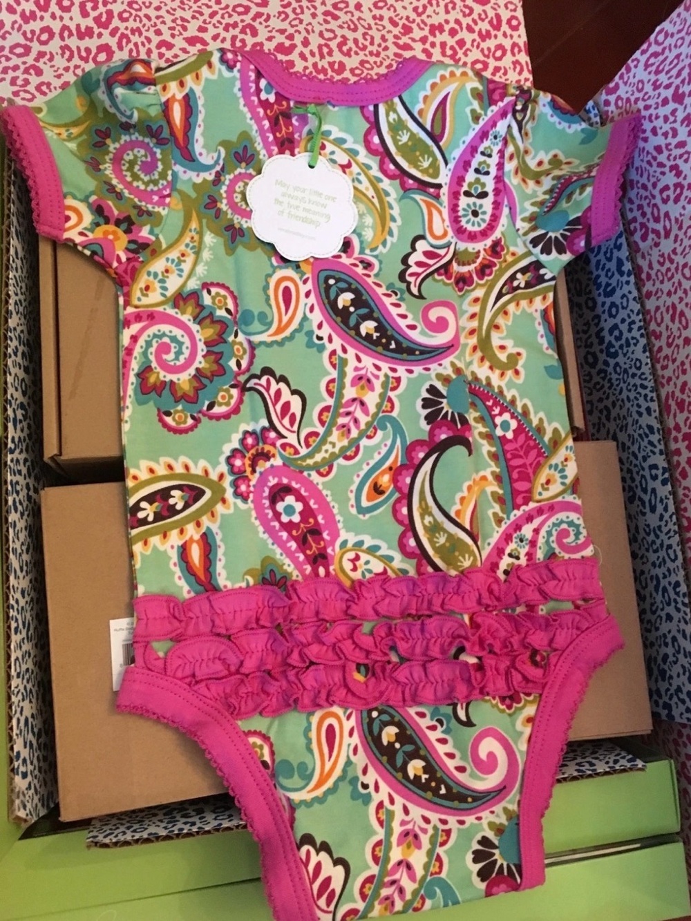 Vera Bradley Mint Paisley Baby One-Piece with Hot Pink Trim